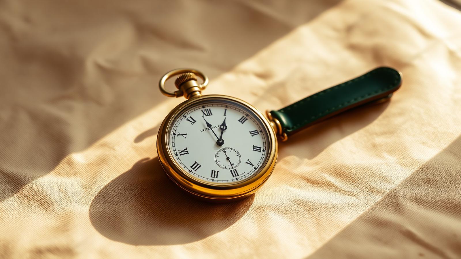 Brass stopwatch resting on cream linen