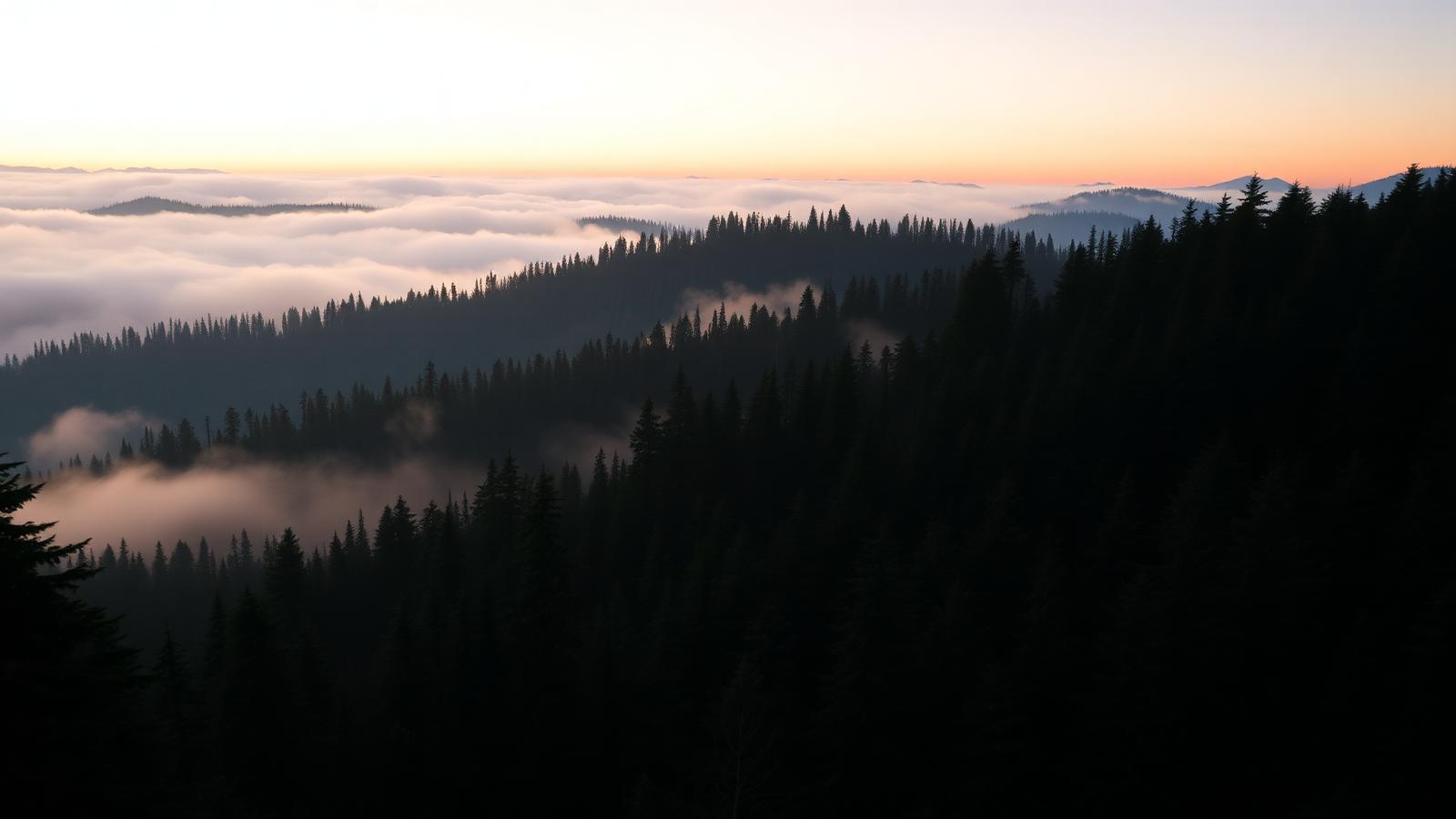 Pacific Northwest morning sunrise over pine forest