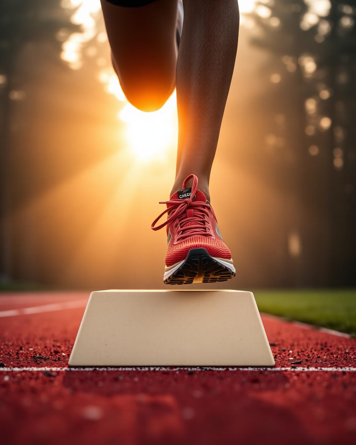 Track starting blocks in warm morning light — the moment before a fast launch