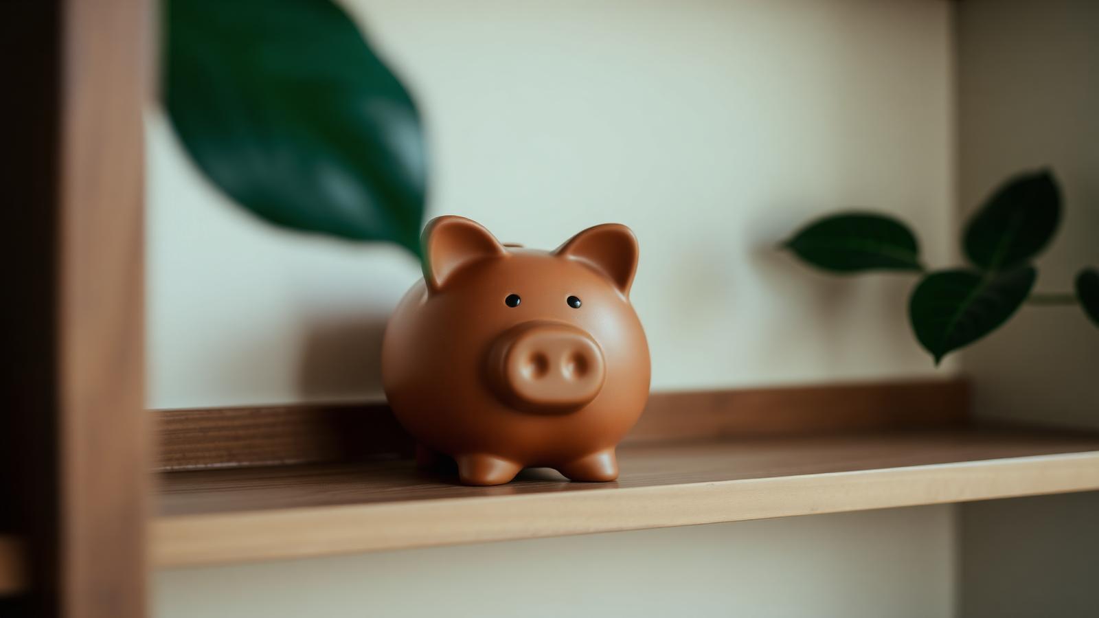 Terracotta piggy bank on cream linen with coins nearby