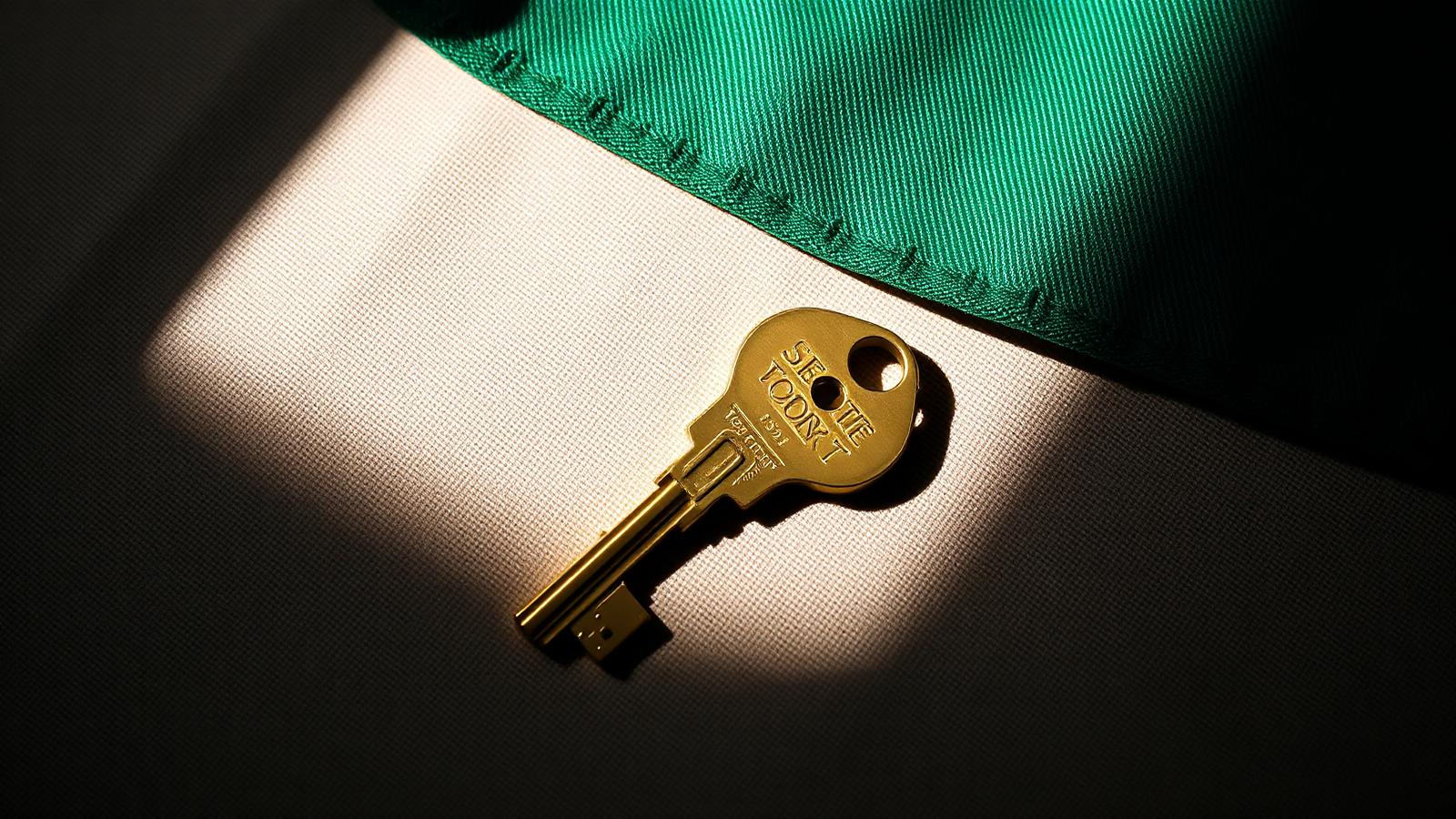 Brass house key on a cream leather tag