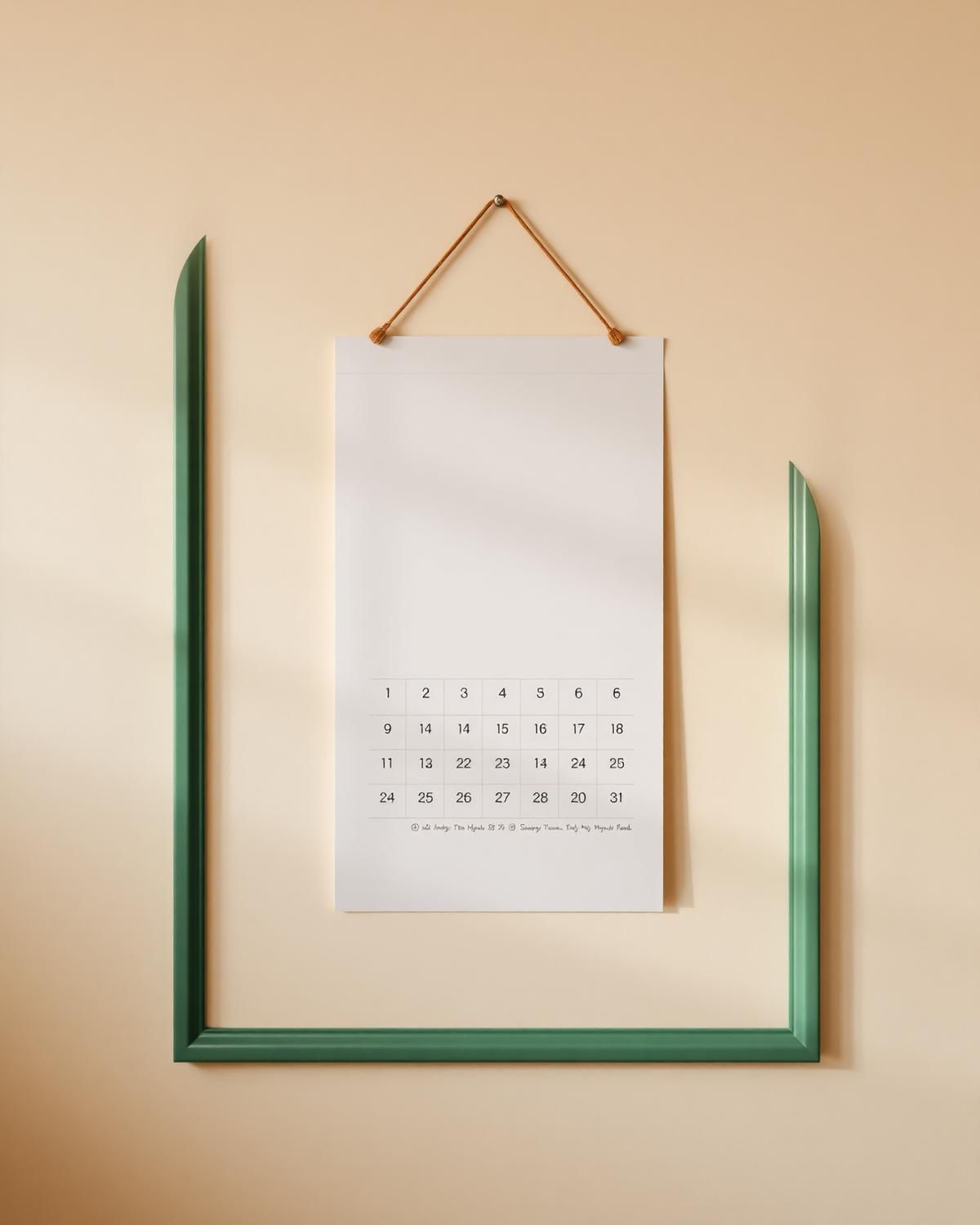 Wall calendar with paid-in-full mark, ceramic mug and pen in soft morning light