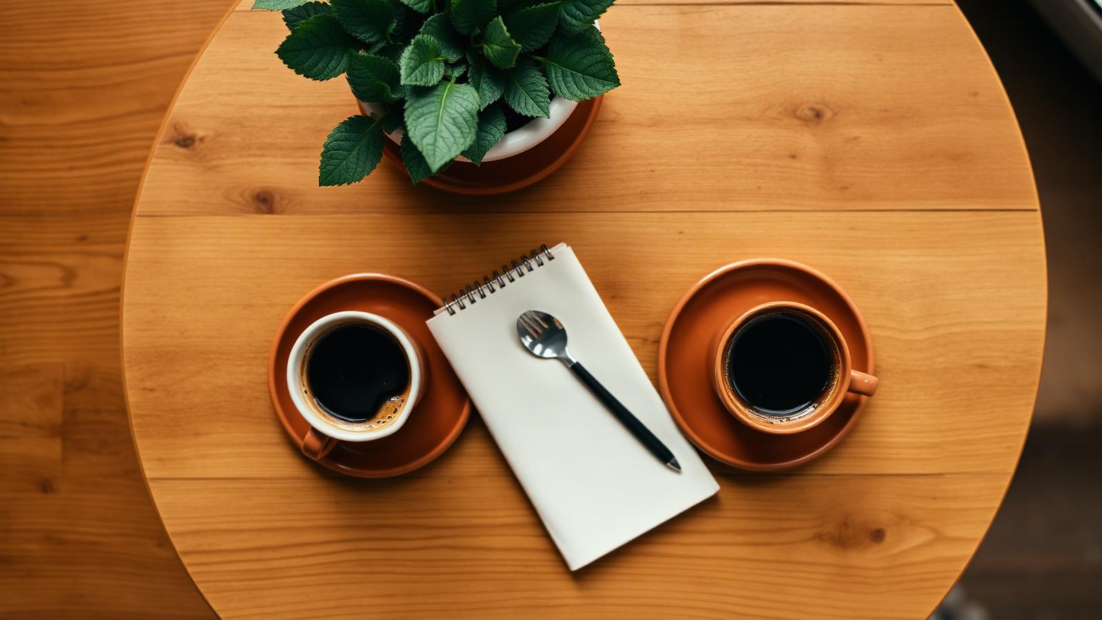 Coffee shop table with laptop and notebook flat lay